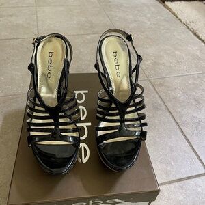 Bebe Black Patent Leather Cork Wedged Slingback Sandal Shoe  Size 7